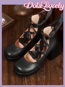 Dola Lovely 女士圆头玛丽珍鞋，后拉链，法式新款黑色缎带系带，酷炫高跟防水台粗跟浅口鞋