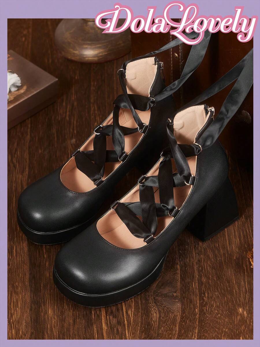 Dola Lovely 女士圆头玛丽珍鞋，后拉链，法式新款黑色缎带系带，酷炫高跟防水台粗跟浅口鞋
