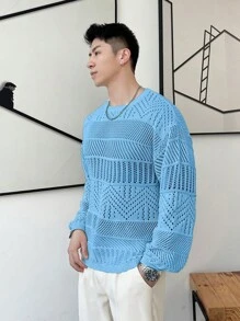 Claim Dot Men's Solid Color Crew Neck Long Sleeve Basic Sweater, Casual Everyday Wear - Teal Blue - View 4