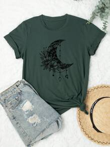 SHEIN LUNE Camiseta gráfica para mujer con estampado de luna y flores en talla grande - Verde Oscuro - Ver 1