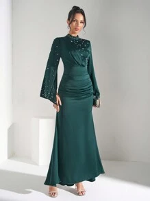 Coutiva Vestido de cena formal con adornos de strass en patchwork, vestido largo elegante y lujoso, vestido de invitada de boda para banquete, festival de música, primavera/verano, vestido de fiesta, vestido de noche, vestido largo