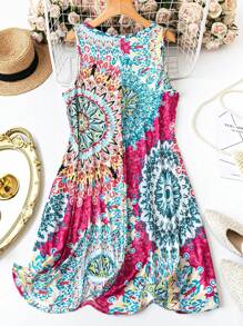 SHEIN LUNE Đầm cổ chữ V in hoa ngày lễ mùa hè cỡ lớn cho nữ - Màu Hồng Tươi - Xem 2