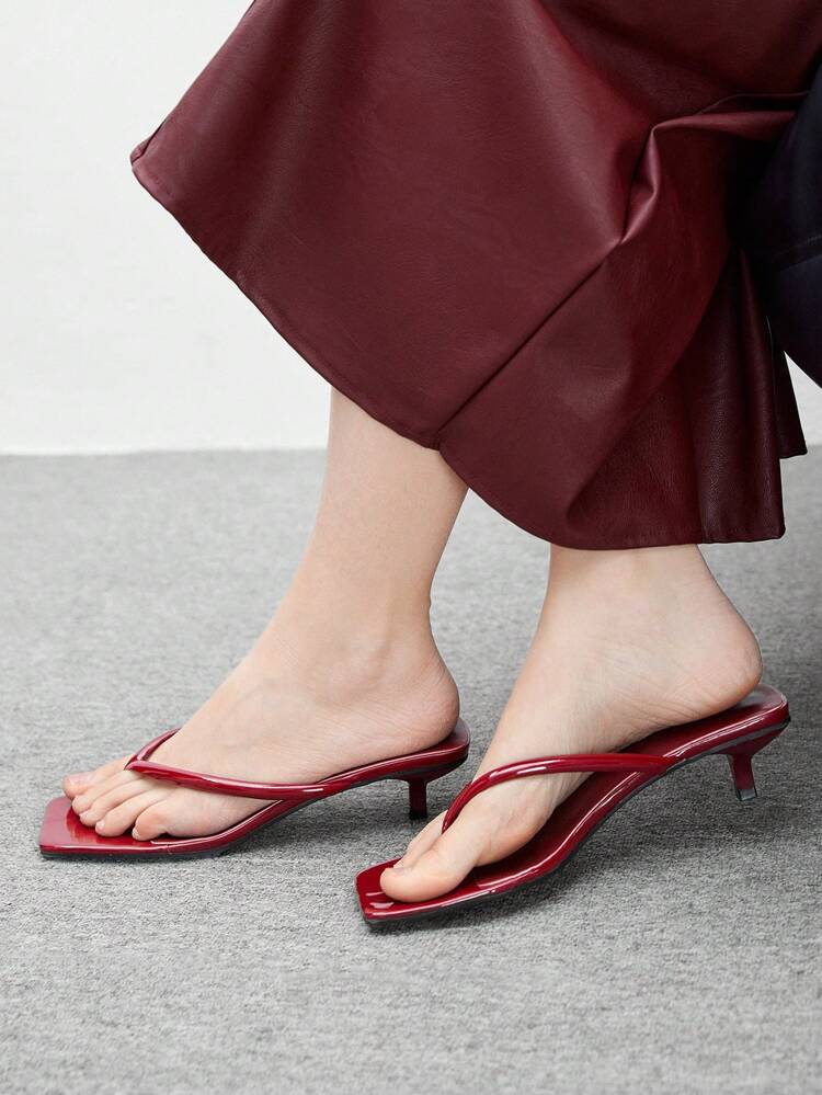 CUCCOO BIZCHIC Burgundy Glossy Patent Leather Square Toe Low Heel Comfortable Sandals, Fashion For Commute, Date, Party, Holiday Spring Shoes Spring Break Easter For Christmas Spring Shoes Summer Shoes