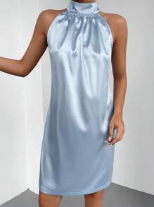 RueChic Solid Halter Neck Satin Dress - Baby Blue - View 6