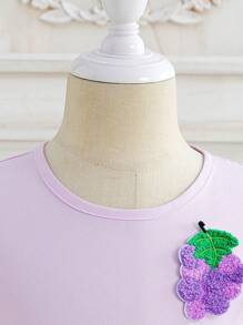 Young Girl Summer Grape Graphic Solid Color Round Neck Puff Sleeve Bubble Hem Dress - Purple - View 4