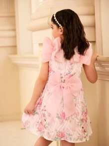 SHEIN 7th Birthday Sweet Formal Partywear With 3D Organza Decoration,Back Bow Detailing - Pink - View 2
