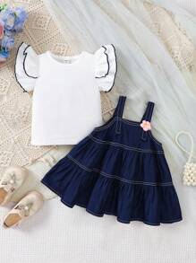 SHEIN Playful Pals 2 件套女婴休闲学院风盖袖上衣和吊带裙套装，适合夏季、度假 - 彩色 - 查看 7