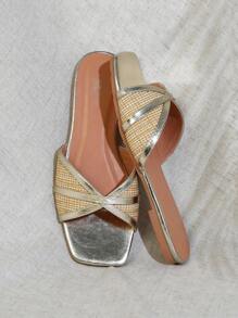 SHUZIA 女士时尚休闲舒适草编拉菲草带平底凉鞋 - 金色 - 查看 2