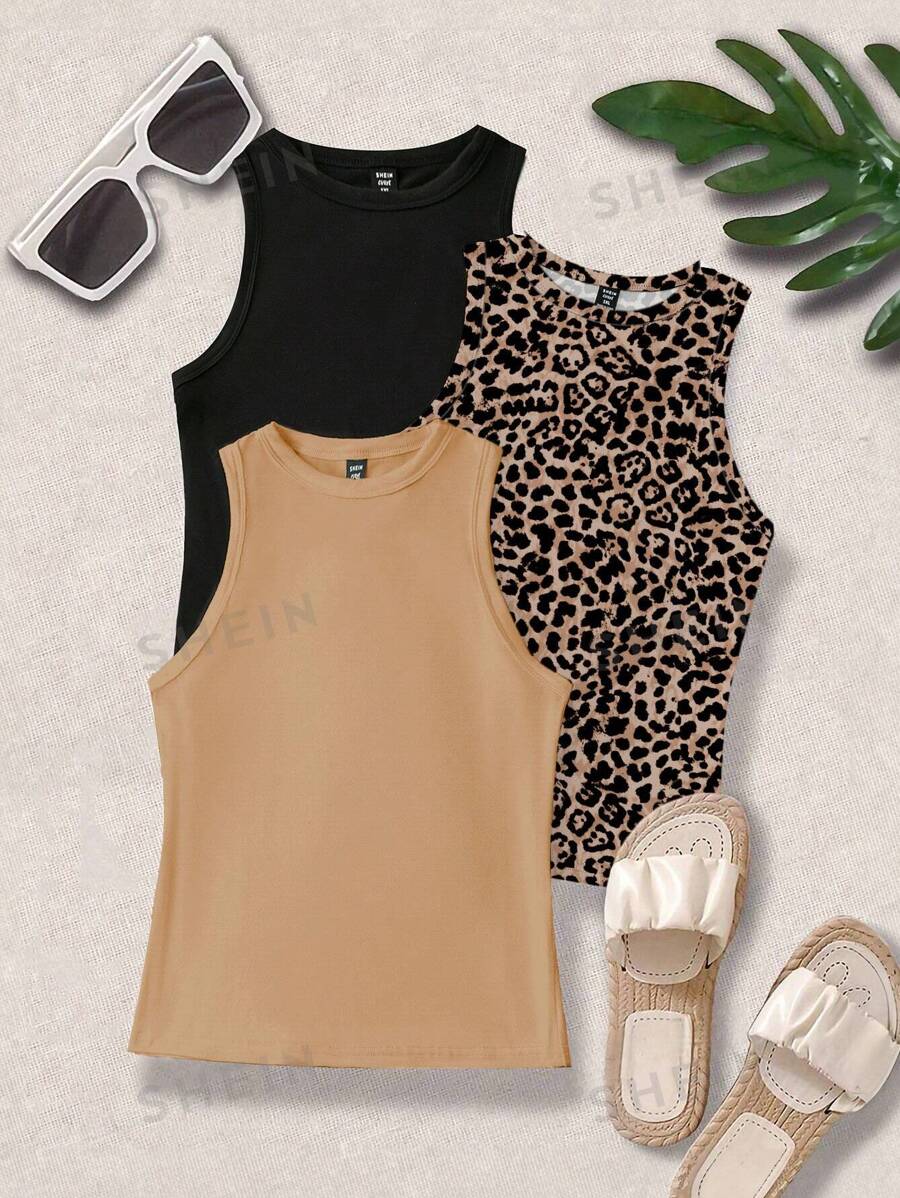 SHEIN LUNE Blusa de cuello redondo sin mangas de talla grande, camiseta minimalista de uso diario con estampado de guepardo - Multicolor - Ver 1