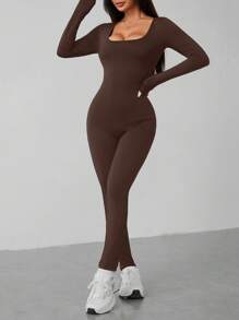 SHEIN EZwear Women Plus Size Black Knitted Elastic Long Sleeve Jumpsuit,Winter Clothes For Women - Brown - View 3