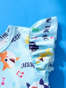 SHEIN 女宝宝0-3岁春夏可爱休闲日常居家出游盖袖针织音乐装饰蓝色连衣裙 - 藍色 - 查看 3