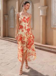Chiquease Elegant Pale Yellow Floral Chiffon Sleeveless Asymmetrical Hem Waist Cinched Long Dress For Women,Summer Holiday Tea Party Vacation All Over Print - Multicolor - View 4