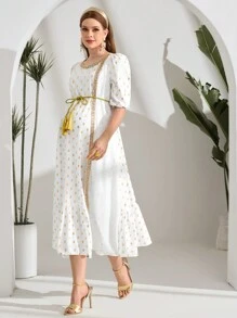 SHEIN فستان كاجوال فستان أم حامل لون نقي معلَّم بالقطع، أكمام قصيرة، مزين بالشراريب - أبيض - مشاهدة 3