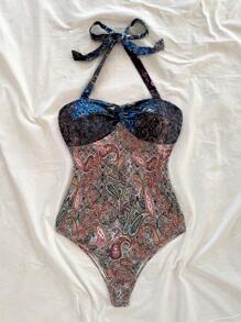 Soleia Women's Vacation Colorful Print Ruched Halter Backless Bowknot One-Piece Bodysuit - Multicolor - View 5