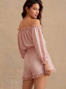 WESTFADE 圆点雪纺蕾丝边露肩长袖短裤连身衣