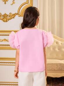 SHEIN Tween Girls Ruffled Organza Shirt Blouse, Short Sleeve Square Neck Decorative Trim Top, Suitable For School, Outings, Family Gatherings, Skirt, Birthday Party, Summer - Pink - View 2