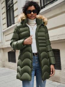 EURMUSE Fuzzy Trim Hooded Puffer Coat - Green - View 1