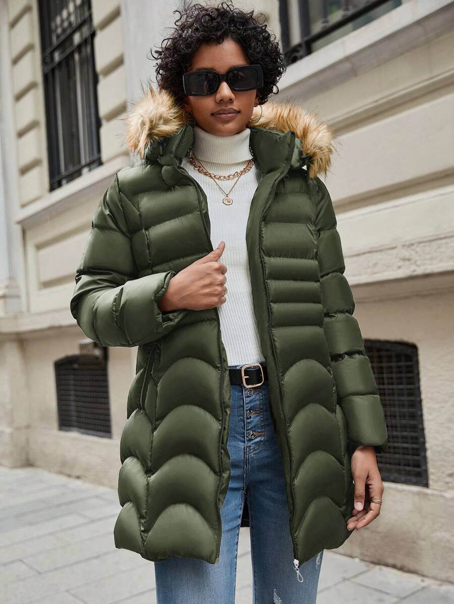 EURMUSE Fuzzy Trim Hooded Puffer Coat - Green - View 1