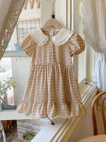 Blossori Gaun Kasual Longgar Motif Kotak-kotak Khaki untuk Anak Perempuan, dengan Kerah Lebar, Gaya Prancis Elegan untuk Musim Semi/Panas - MultiWarna - View 1