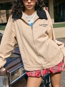 SHEIN EZwear Beżowa damska kurtka typu bomber z nadrukiem w litery, z długim rękawem - Beżowy - Zobacz 2