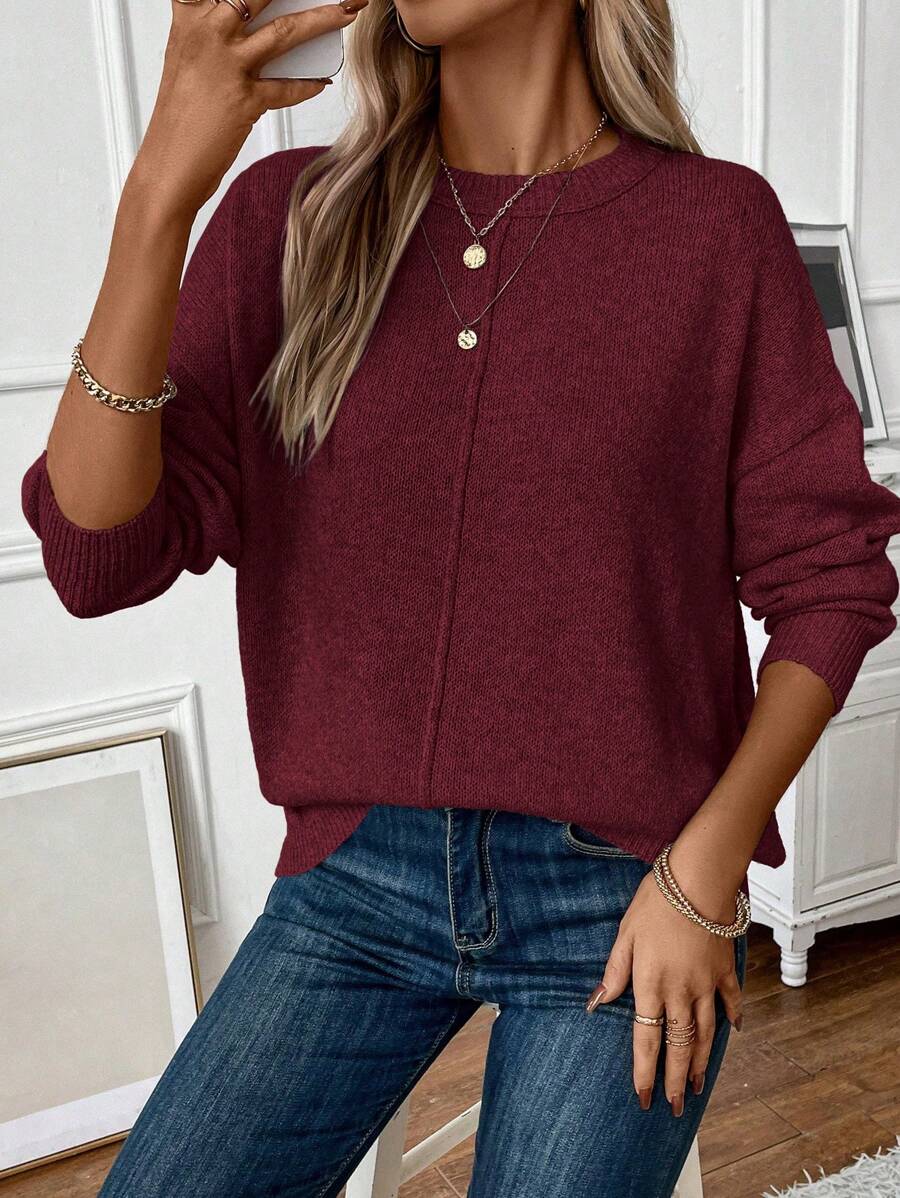 EMERY ROSE Casual Women's Drop Shoulder Knit Pullover Fall Winter Sweater - Burgundy - View 1