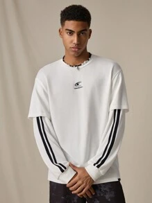 Manfinity VCAY Men's Knitted Fashion Casual Loose Long Sleeve T-Shirt, Suitable For Daily Wear - Black and White - View 1