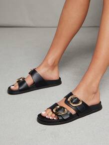 SHUZIA 女士双扣金色装饰软鞋垫 PU 黑色拖鞋凉鞋 - 时尚、舒适、百搭的春季鞋 - 黑色 - 查看 3