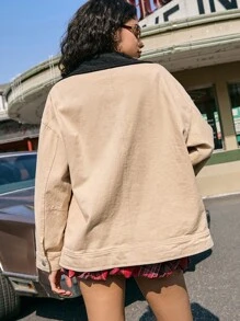 SHEIN EZwear Beżowa damska kurtka typu bomber z nadrukiem w litery, z długim rękawem - Beżowy - Zobacz 3