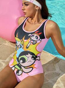 THE POWERPUFF GIRLS X SHEIN 1pc Women's Blossom, Bubbles, Buttercup Print One-Piece Swimsuit, Summer Vacation - Pink - View 5