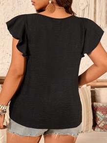 Breezaya Plus Size Women's Black Textured Fabric Square Neck Tie Belt Cap Sleeve Shirt, Vacation Style Suitable For New Year, Music Festival, Valentine's Day, Thanksgiving, Christmas, Halloween, Easter, Carnival And Other Holidays