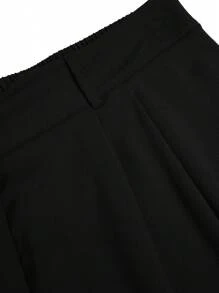 SHEIN LUNE Plus Size Women's Black Casual Fashion Pleated Decorative Zipper Button Waist High Special Angle Design Cuff Long Pants - Black - View 3