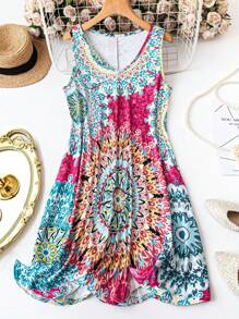 SHEIN LUNE Đầm cổ chữ V in hoa ngày lễ mùa hè cỡ lớn cho nữ - Màu Hồng Tươi - Xem 1