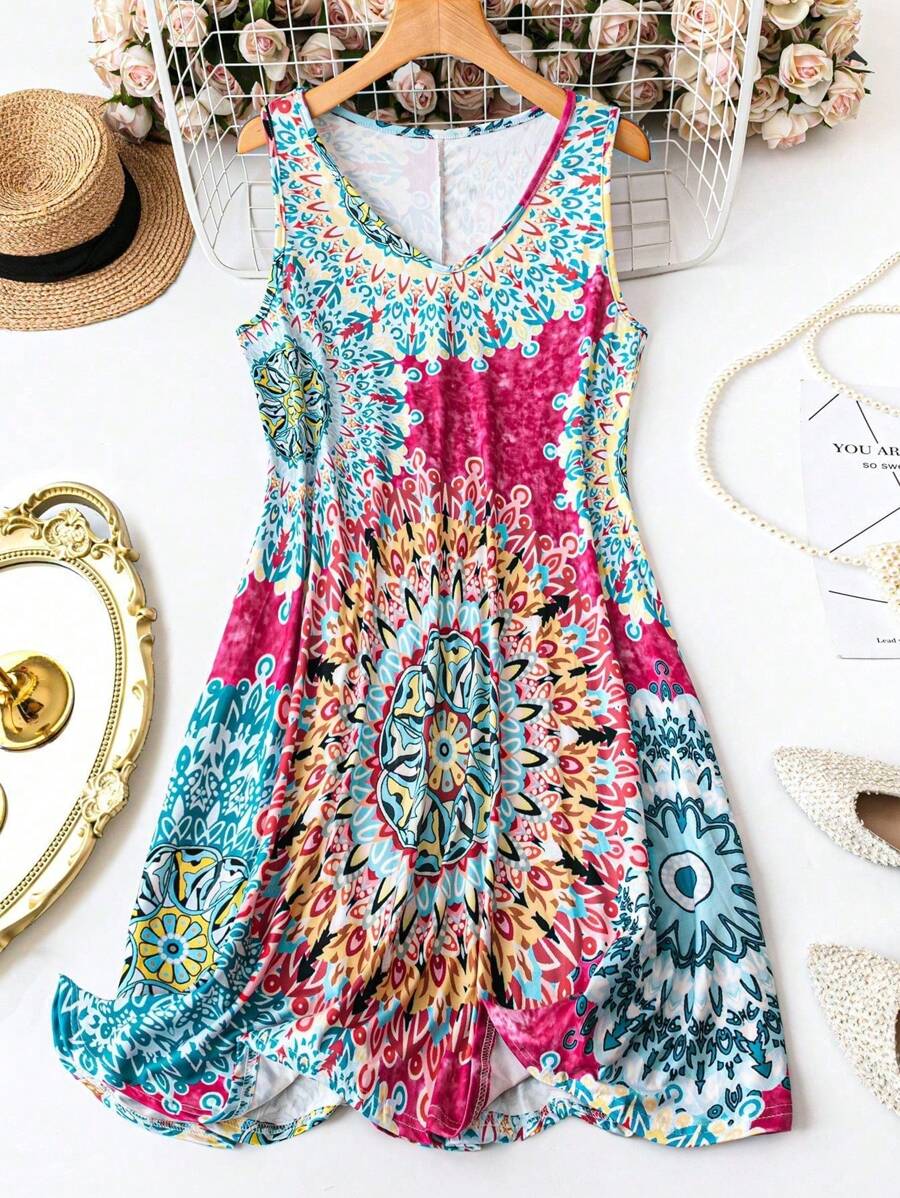SHEIN LUNE Đầm cổ chữ V in hoa ngày lễ mùa hè cỡ lớn cho nữ - Màu Hồng Tươi - Xem 1