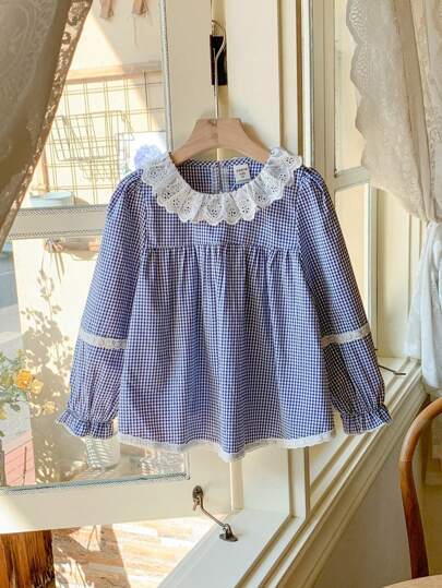 SHEIN 年轻女孩优雅法式灰色和蓝色格子宽松圆领衬衫，春夏