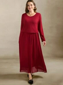 SHEIN LUNE Plus Size Women Comfort Patchwork Chiffon 2 In 1 Dress, Suitable For Valentine's, Wedding, Red Dresses For Women, Valentine's Day