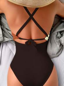 SHEIN Swim Bộ đồ bơi một mảnh hở lưng gợi cảm phối màu cho kỳ nghỉ ở bãi biển dành cho nữ - Nhiều màu - Xem 2