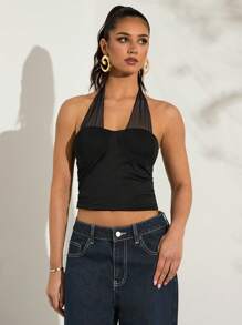 Glamine Top sin mangas transparente y sin espalda de color negro, top de salida, top de cumpleaños, top de fiesta de vacaciones, top corto para citas de mujer, top de concierto, top de Pascua, top de primavera/verano - Negro - Ver 7