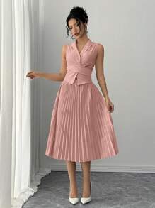 Rafferiza 2 件套女士优雅休闲百搭交叉腰系带领上衣和褶皱松紧腰长裙，无弹力编织面料，杏色，秋冬 - 粉色 - 查看 6