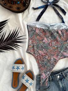 Soleia Women's Vacation Colorful Print Ruched Halter Backless Bowknot One-Piece Bodysuit - Multicolor - View 7