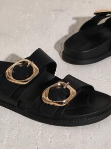 SHUZIA 女士双扣金色装饰软鞋垫 PU 黑色拖鞋凉鞋 - 时尚、舒适、百搭的春季鞋 - 黑色 - 查看 5