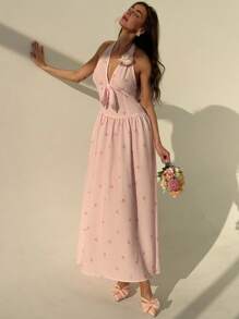 Aloruh Vestido ajustado con cuello de halter, escote en V profundo, decoración de lazo dulce, estampado de rayas rosas y mariposas