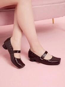 CUCCOO DOLLMOD Tacones altos con puntera cuadrada para mujer, tacones cilíndricos con tira cruzada, estilo clásico retro de Mary Jane - Burdeos - Ver 5