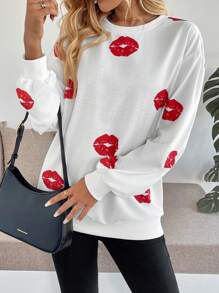 INAWLY Sudadera holgada de manga larga con estampado de labios para mujer, otoño/invierno, tipo pullover - Blanco - Ver 3