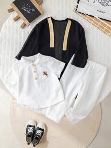 3pcs Baby Boy Summer Casual Elegant Black Mid-Length Robe, Including White Collared Short Sleeve Shirt And White Casual Pants 3-Piece Set, Suitable For Birthday Party, Evening Event, Performance, Wedding, Baby Shower, Christening And 1st Birthday Celebration