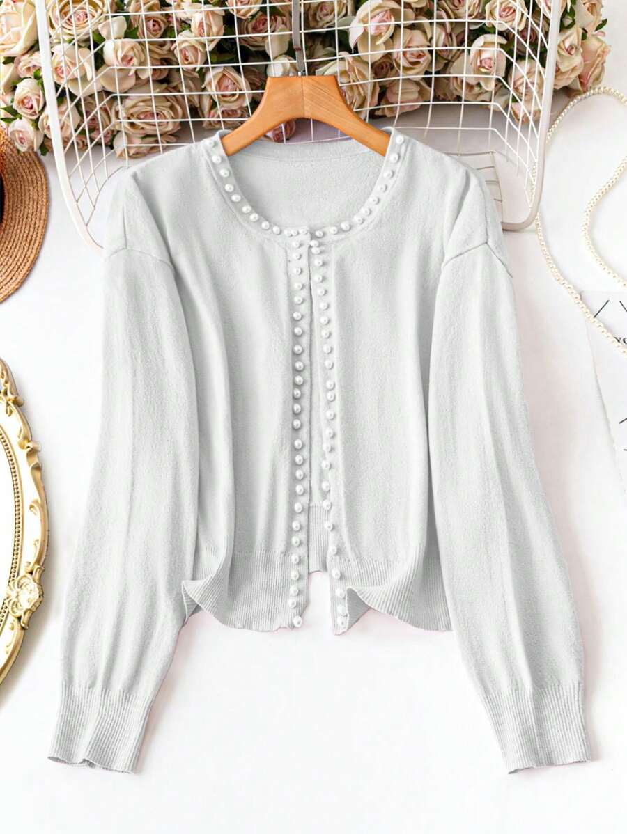 SHEIN Clasi 大码休闲纯色圆领珍珠缀饰长袖开衫 - 淺灰色 - 查看 1