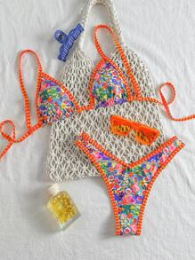 Swim Vcay Springbreak Women Halter Spaghetti Strap Top + High Cut Swimwear 2pcs/Set, Random Print Beach Wear Summer Outfits - Multicolor - View 1