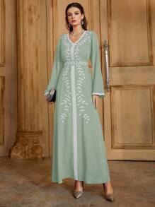 Al Najma Turkish Long Robe, Arabian Traditional Gown, Modest Kaftan - Green - View 5