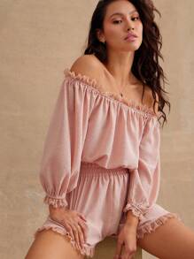 WESTFADE 圆点雪纺蕾丝边露肩长袖短裤连身衣