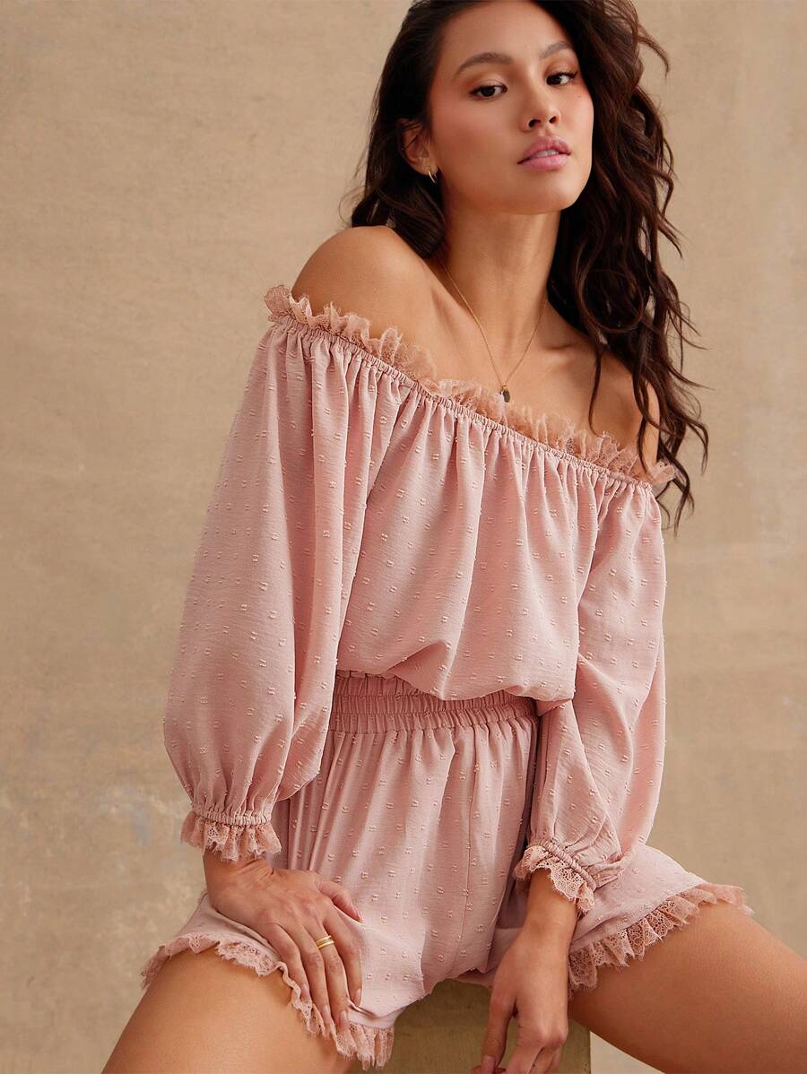 WESTFADE 圆点雪纺蕾丝边露肩长袖短裤连身衣