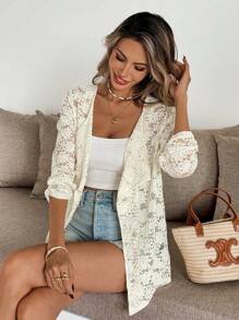 Chiquease Women 3/4 Sleeve Open Front Floral Jacquard Knit Cardigan - Apricot - View 3